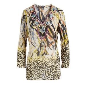 CHELSEA & THEODORE Animal Print V Neck Beaded Tunic